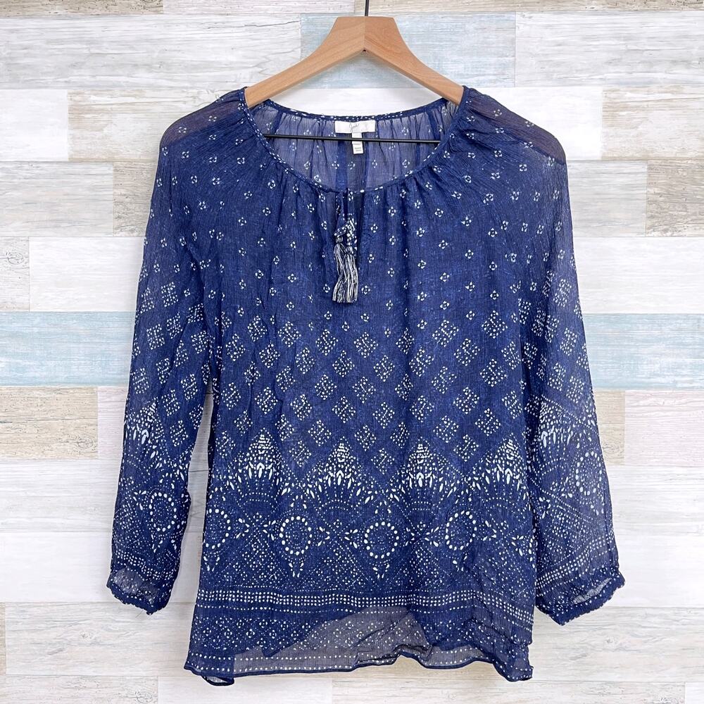 Joie Silk Crinkle Chiffon Peasant Blouse Blue Bandana Print Sheer Womens XS